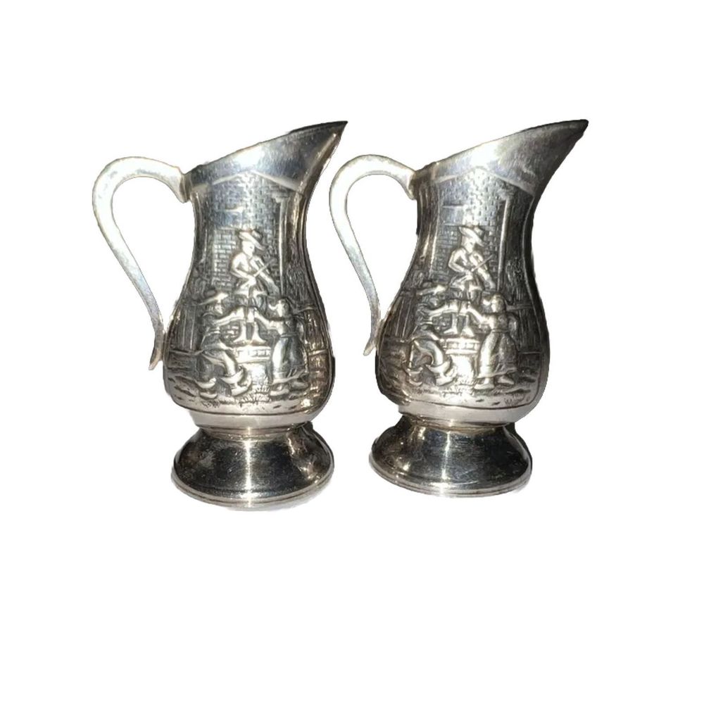 Salt Pepper Shakers Fiddle Dance Drinking Motif on Pitcher Silverplate  VINTAGE